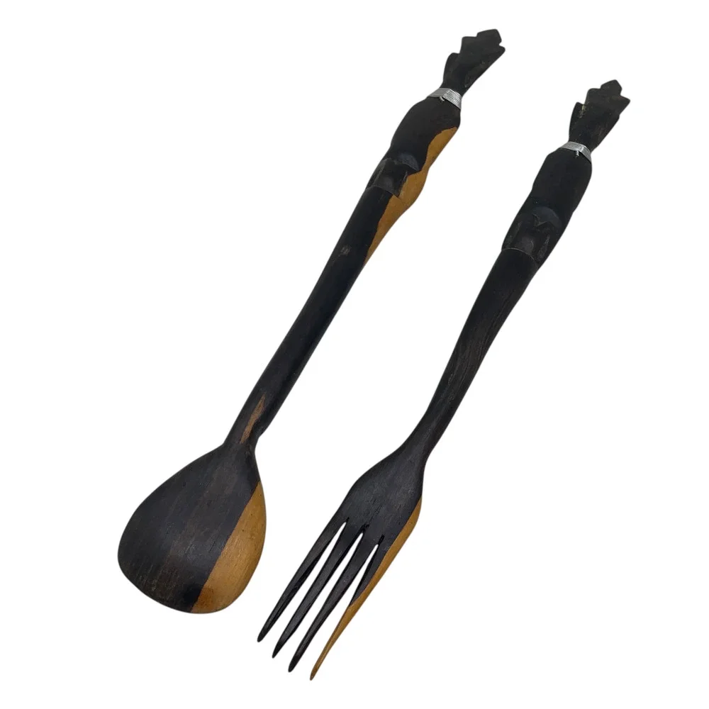 Vintage African Carved Wood Figural Salad Servers Fork Spoon Folk Art 14.5
